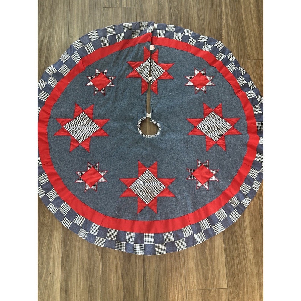 Christmas Denim Tree Skirt Plaid Rustic Country Star Patchwork Appliqués Quilt